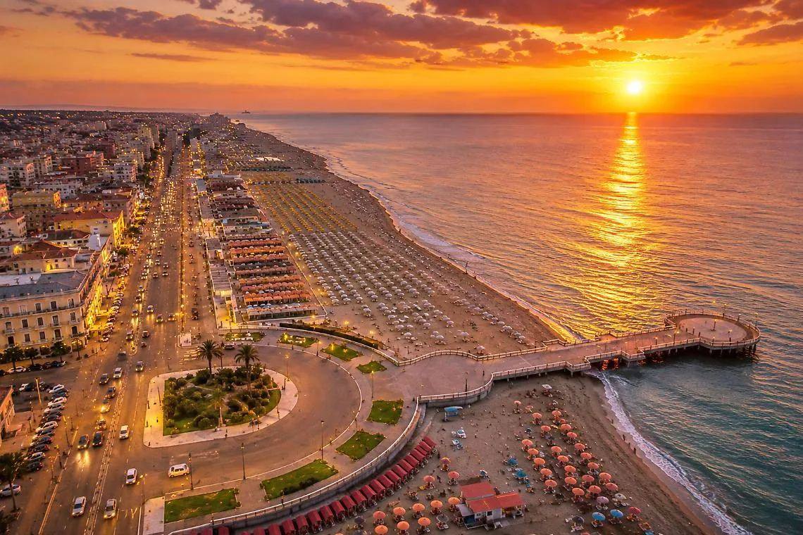 The Pontile of Ostia and the beach at sunset, seen from above